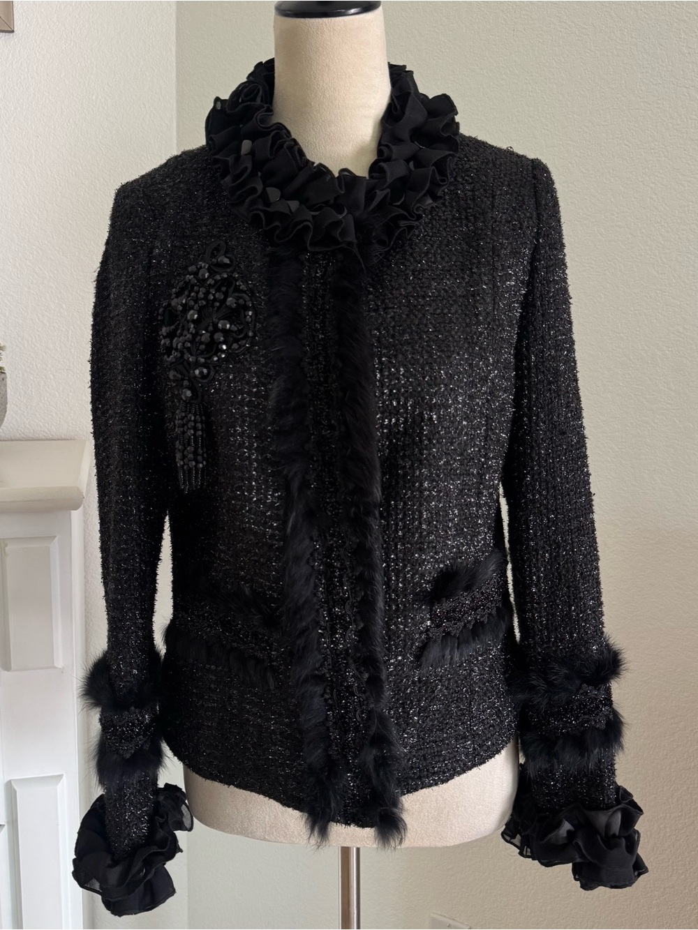 GABY EDEN Black Embellished Metallic Tweed Rabbit Fur Ruffled Snap Jacket Small